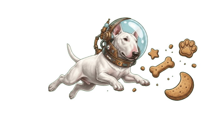 Bull terrier astronaut floating in space