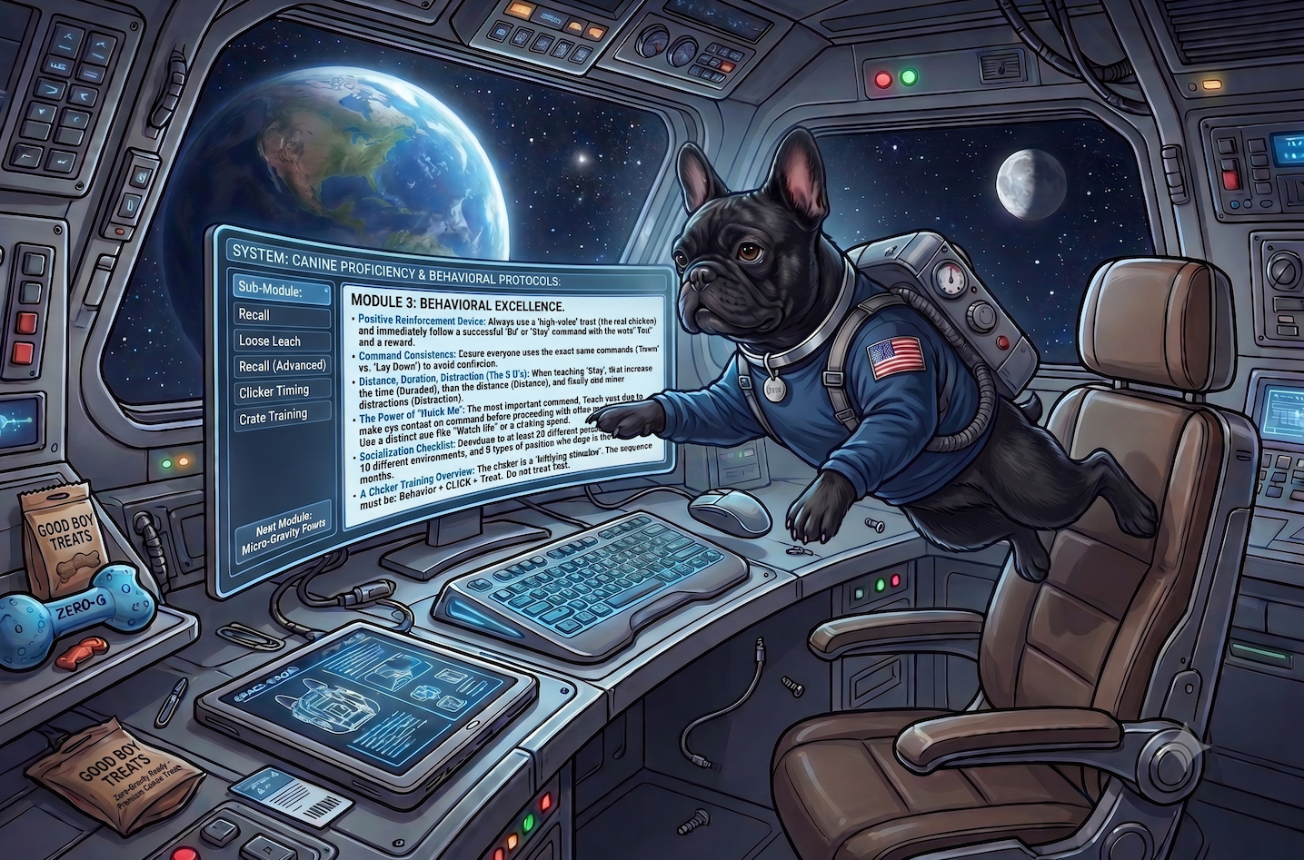 Astronaut French bulldog running a training session from a spaceship console, Earth in the window