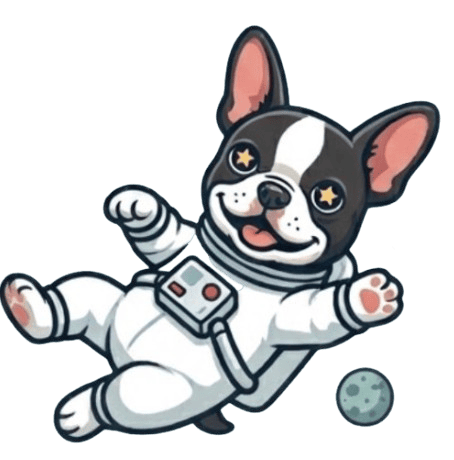 Puppy astronaut floating among planets